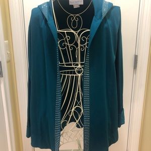 Bleu Bayou, SIZE L, Teal Hooded Shacket with studded trim